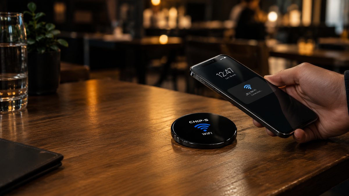 Una persona acerca su celular a un CHIP-S apoyado sobre la mesa de un bar