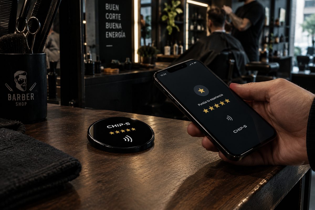 Un cliente acerca su celular a un CHIP-S sobre el mostrador de una barbería y le aparece la pantalla para puntuar con cinco estrellas